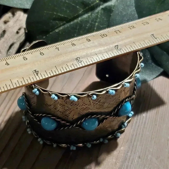 Antique Bronze Etched Twisted Wire Turquoise Blue Glass Cabochons Cuff Bracelet - Picture 5 of 5
